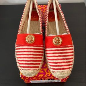Tory Burch Beacher Striped Canvas Espadrilles Orange White 9